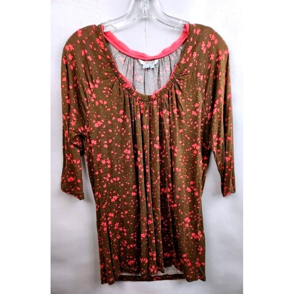 Boden Tunic Top Womens 10 Brown Pink Floral 3/4 Sleeve Scoop Neck Casual